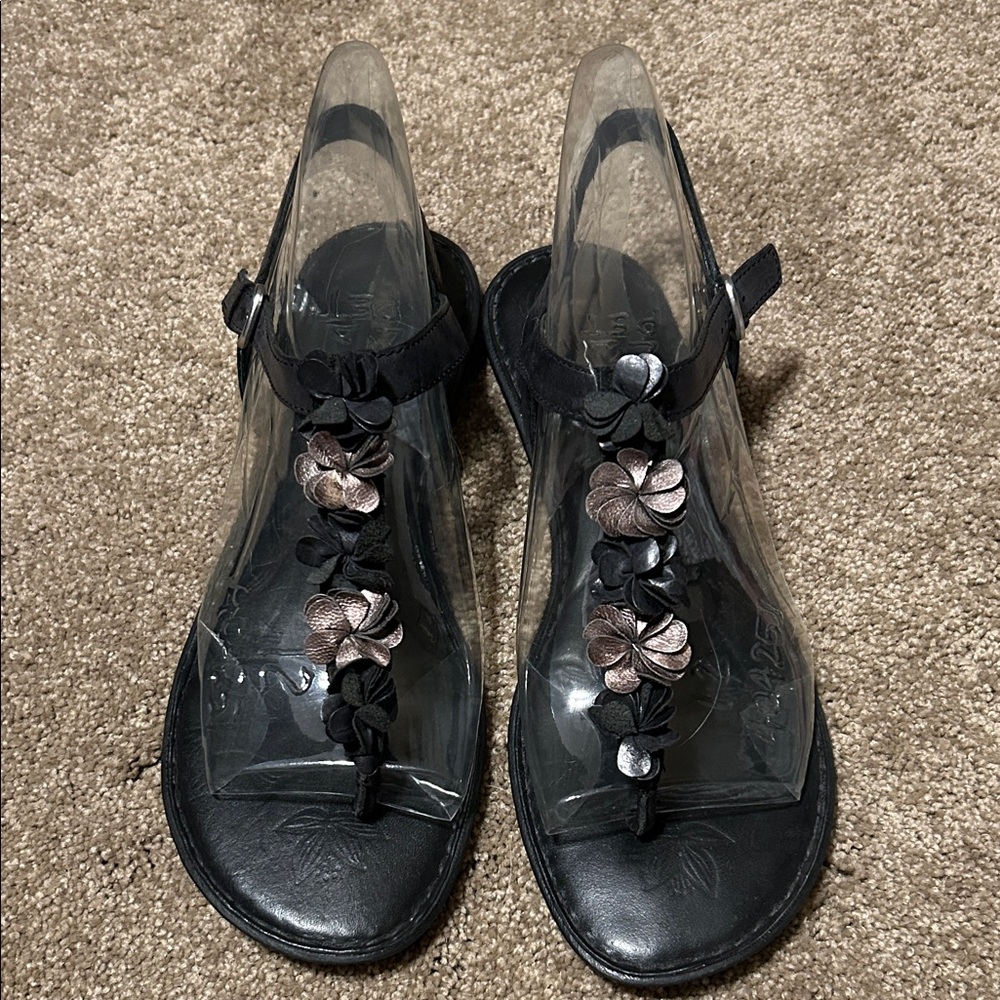 Born Black and Silver Floral Sandals. Leather upper.